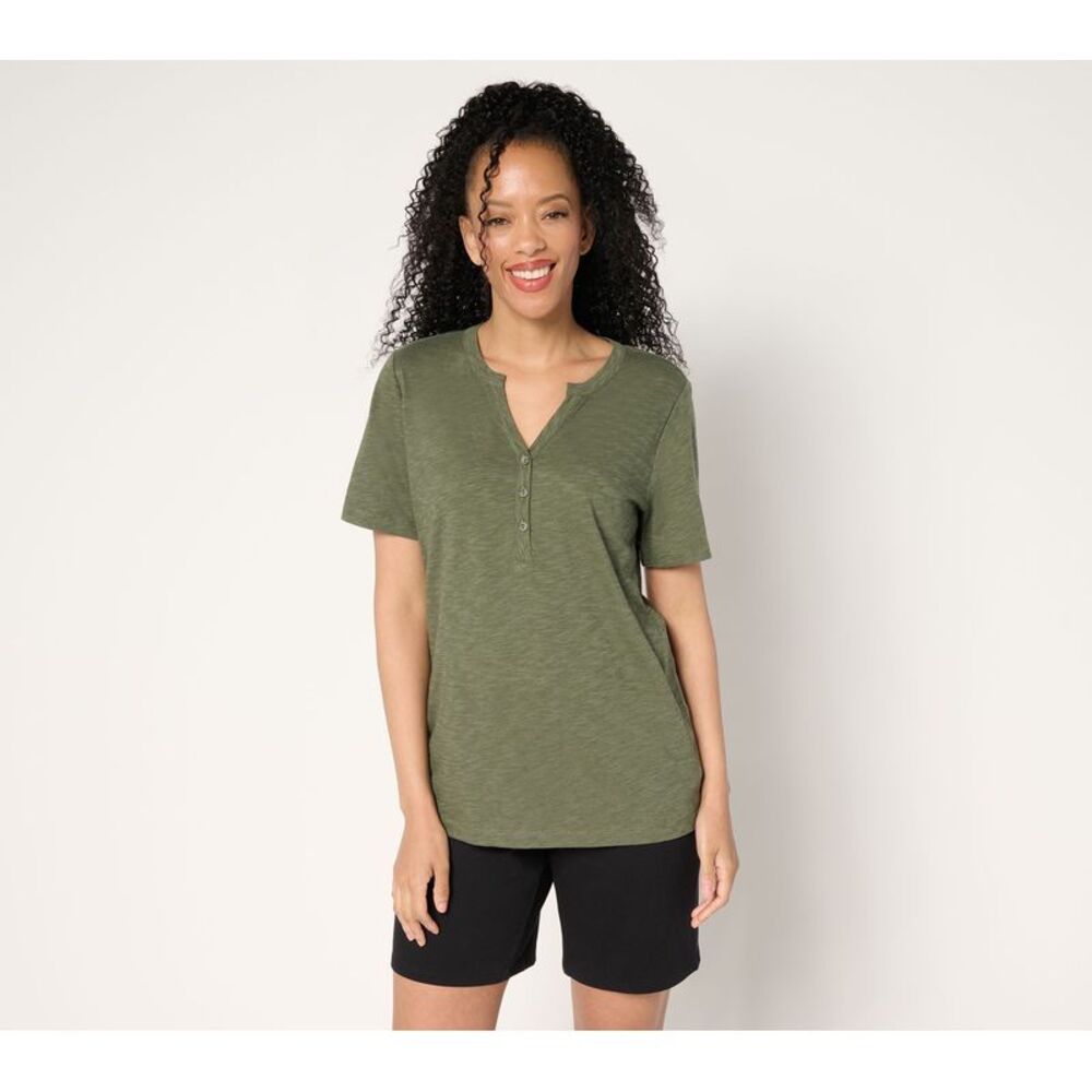Denim & Co. Women's Top Sz M Essentials Linen Blend Short Sleeve Green A685472